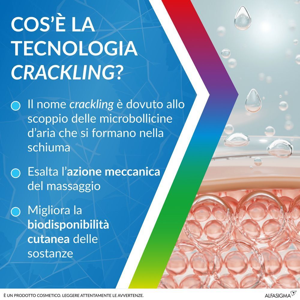 Testo su sfondo blu. Cos'è la tecnologia Crackling? Spiegazione delle microbollicine nella schiuma. Esalta l'azione meccanica del massaggio.
