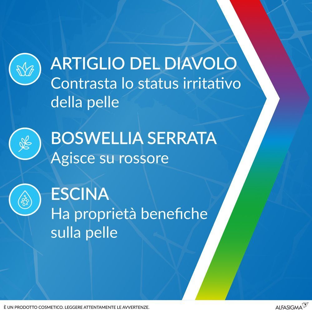 Testo su sfondo blu. Ingredienti: Artiglio del diavolo, Boswellia Serrata, Escina. Agisce sulla pelle.