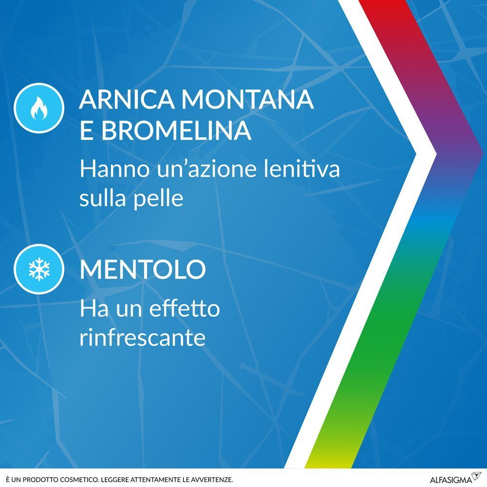 Testo su sfondo blu. Ingredienti: Arnica Montana e Bromelina, Mentolo. Effetto rinfrescante.