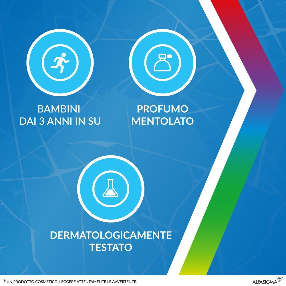 Testo su sfondo blu. Bambini dai 3 anni in su. Profumo mentolato. Dermatologicamente testato.