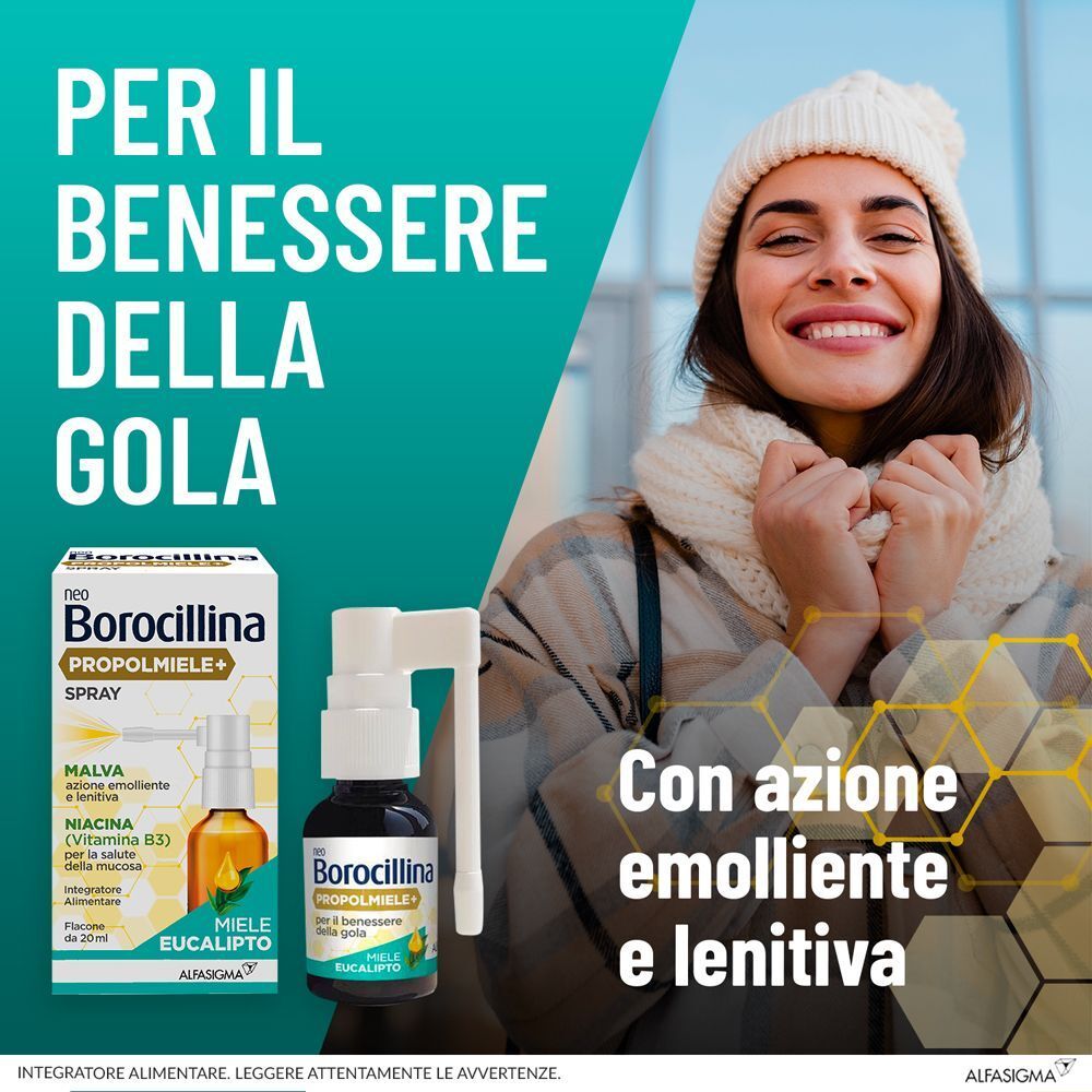 Prodotto Neo Borocillina Propolmiele+ accanto a una donna sorridente. Testo: Per il benessere della gola. Con azione emolliente e lenitiva.