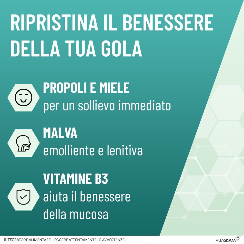 Testo: Ripristina il benessere della tua gola. Propoli e miele, Malva, Vitamine B3. Simboli: volto sorridente, bocca, scudo.
