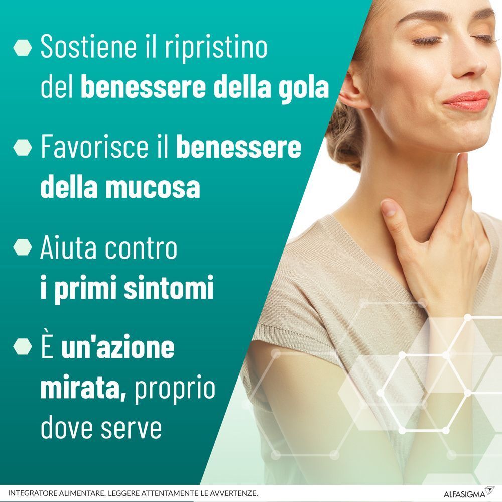 Testo: Sostiene il ripristino, Favorisce il benessere, Aiuta contro i primi sintomi, È un'azione mirata. Donna con collo.