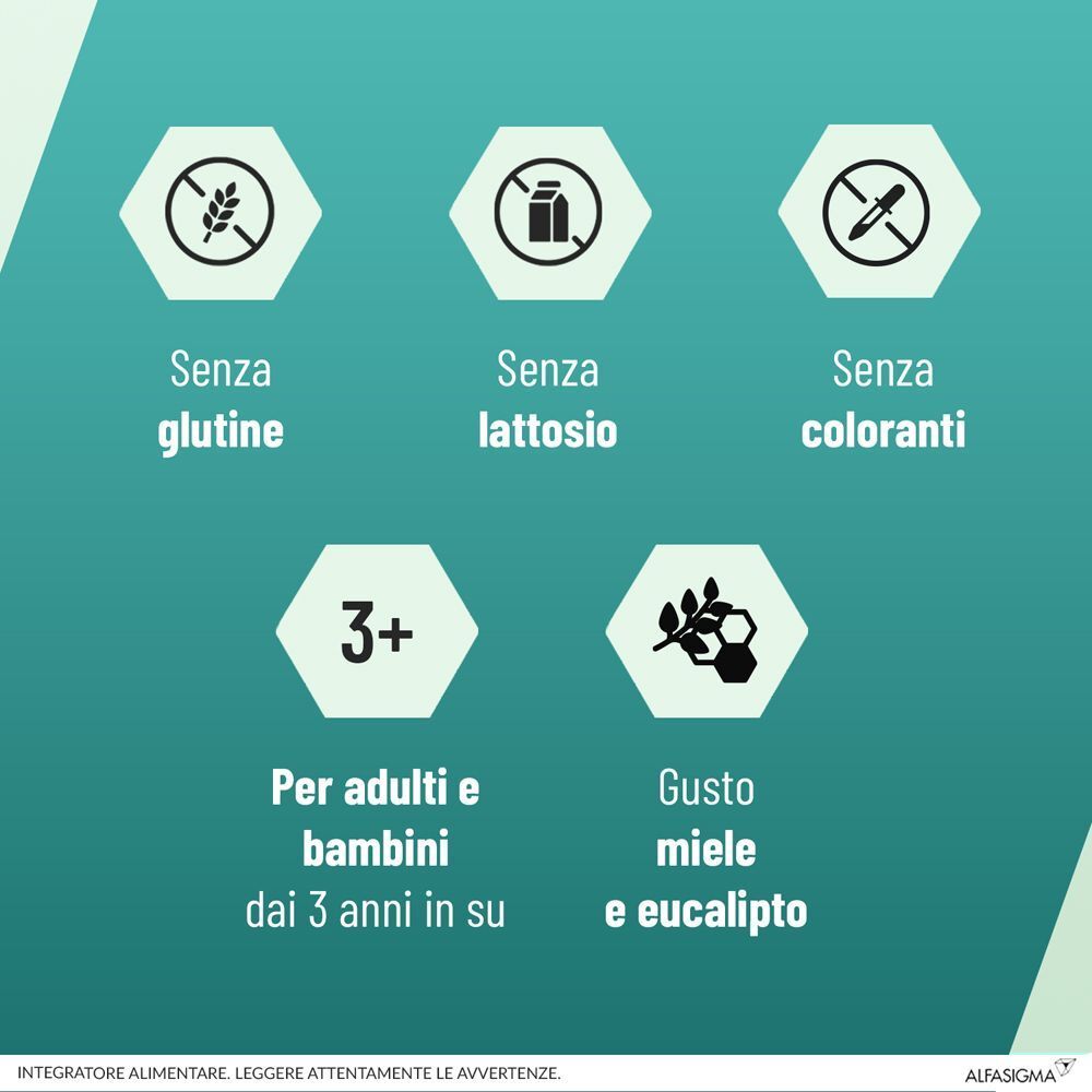 Simboli: Senza glutine, lattosio, coloranti. Per adulti e bambini dai 3 anni in su. Gusto miele e eucalipto.