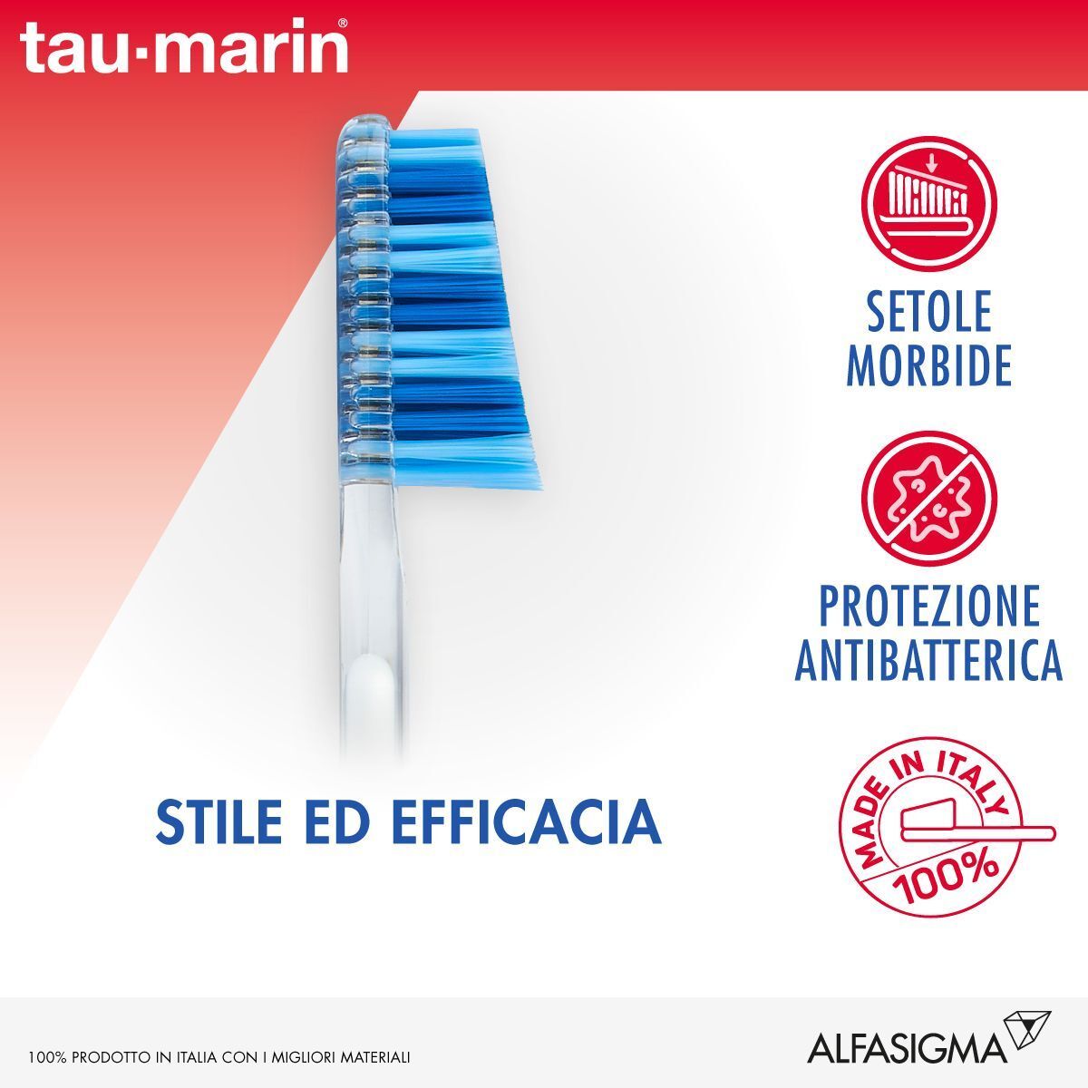 Primo piano di spazzolino con setole blu. Testo: Stile ed Efficacia, Protezione Antibatterica, Made in Italy.
