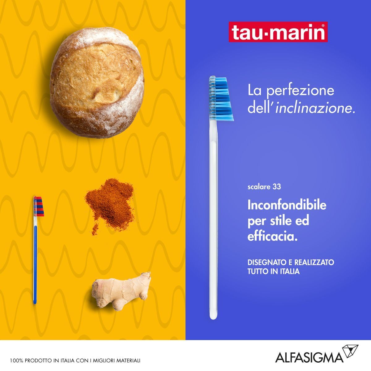 Spazzolino con setole blu accanto a pane, spezie e un altro spazzolino. Testo: tau-marin, Scalare 33.