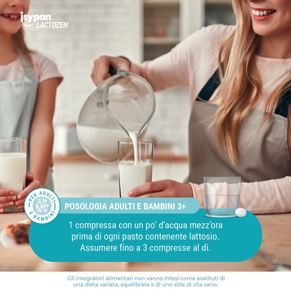 Madre versa latte. Isypan Lactozen: 1 compressa con acqua ai pasti. Per adulti e bambini da 3 anni.