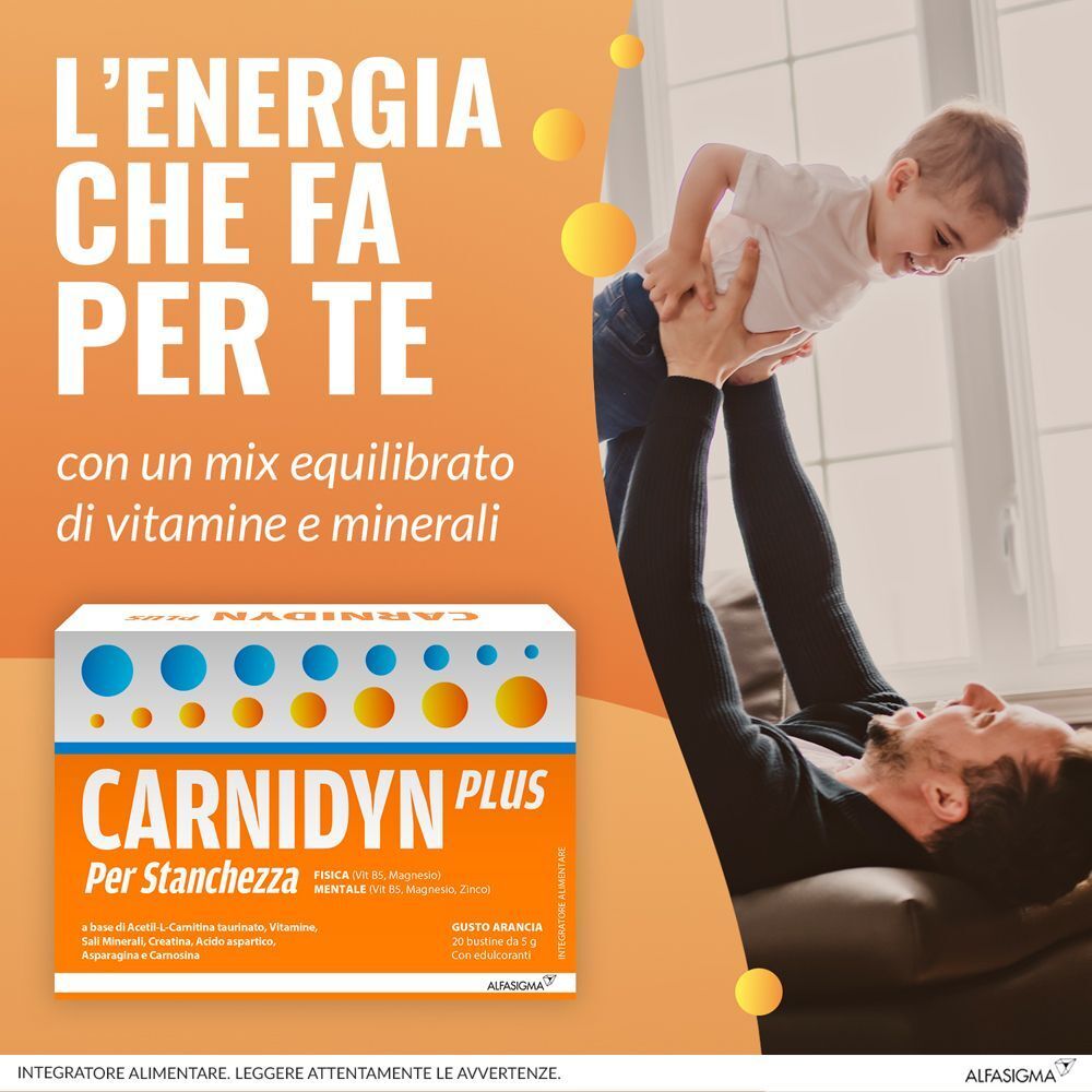 Confezione CARNIDYN PLUS®. Testo: L'ENERGIA CHE FA PER TE. Uomo che solleva un bambino. Sfondo arancione.