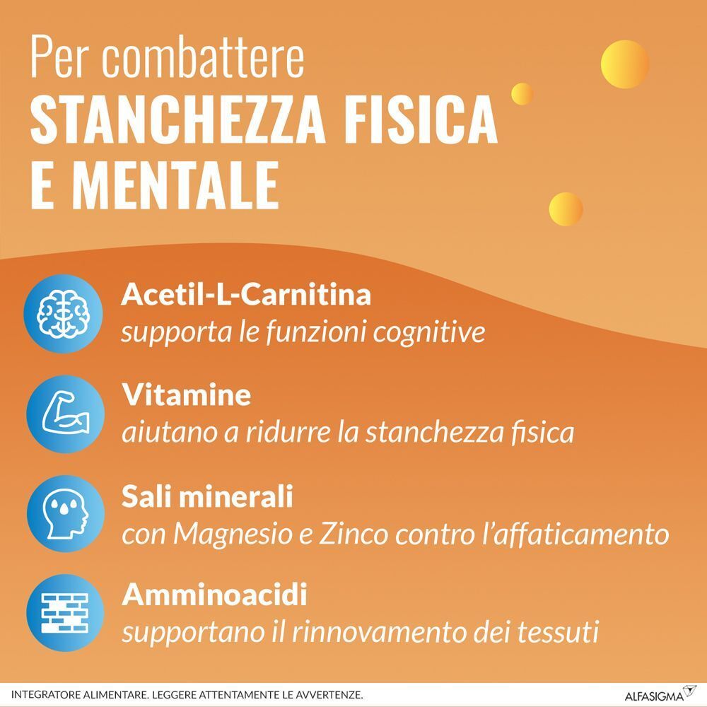 Testo su sfondo arancione. Parole chiave: Acetil-L-Carnitina, Vitamine, Sali, Aminoacidi. Icone blu e bianche.