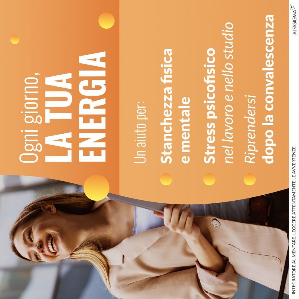 Testo su sfondo arancione. Parole chiave: Stanchezza fisica e mentale, Stress psicofisico, Riprendersi. Donna sorridente.