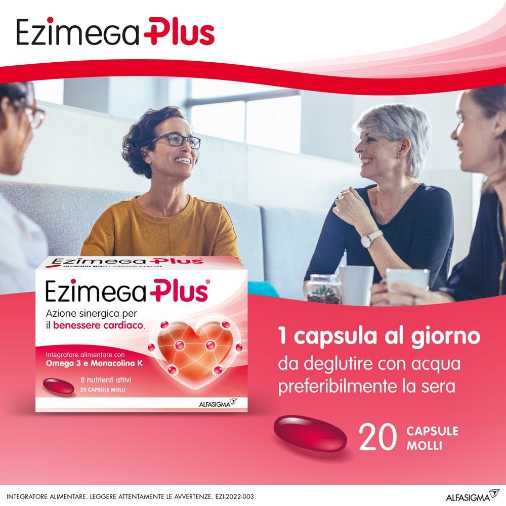 Immagine pubblicitaria con confezione Ezimega Plus, capsula rossa e tre persone. Testo: 1 capsula al giorno da deglutire con acqua.