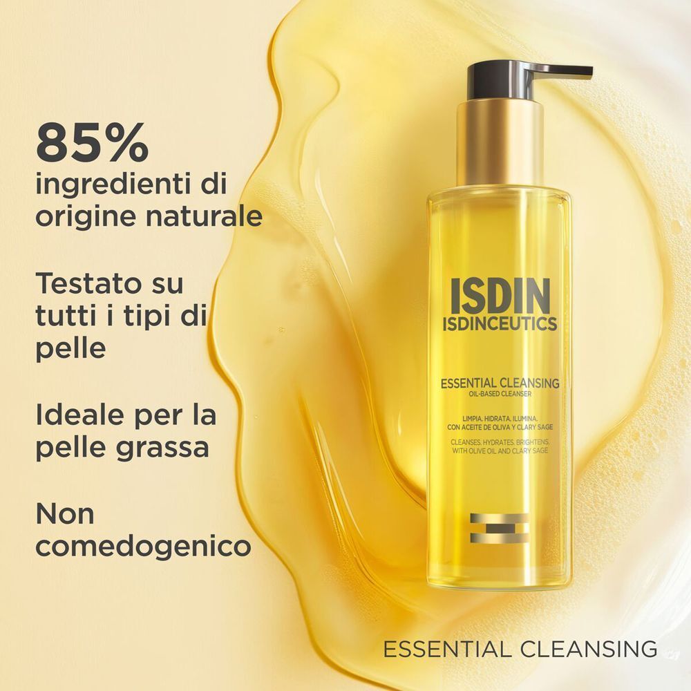 Flacone con liquido giallo. Scritta: ISDIN ISDINCEUTICS ESSENTIAL CLEANSING. Testo: 85% ingredienti naturali.