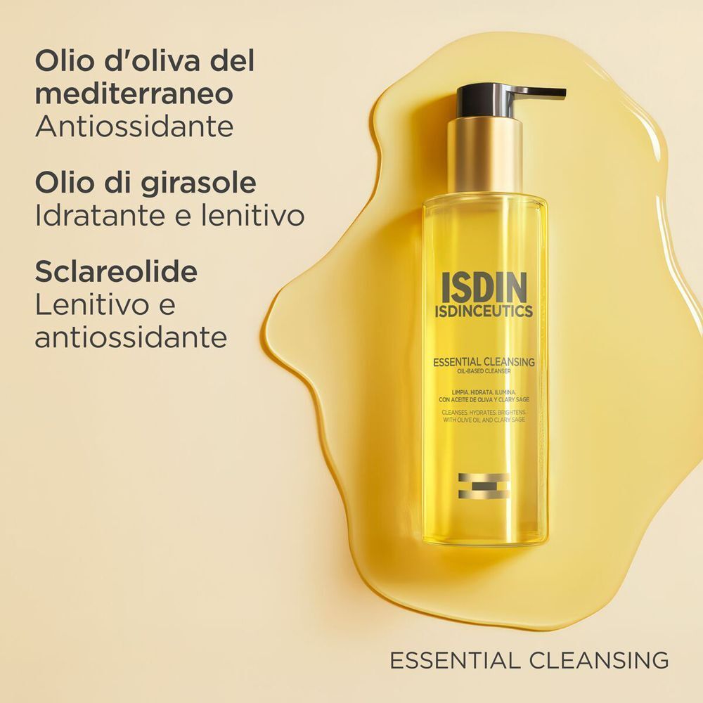 Flacone con liquido giallo. Scritta: ISDIN ISDINCEUTICS ESSENTIAL CLEANSING. Ingredienti: olio d'oliva, olio di girasole.
