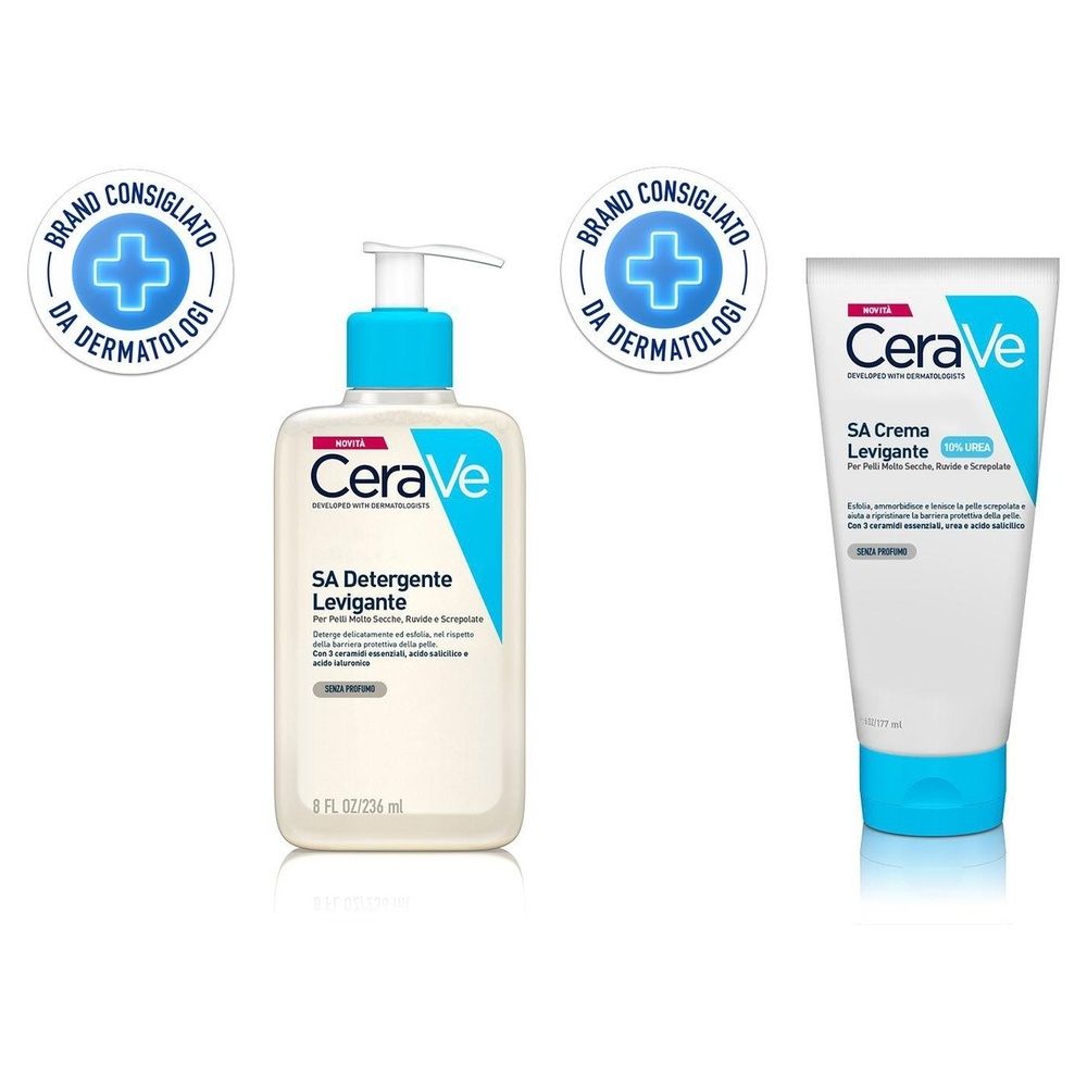 CeraVe SA Detergente Levigante per pelle molto secca, ruvida e screpolata 236 ml + SA Crema levigante 10% Urea e Acido Salicilico per Pelle Molto Secca, Ruvida e Screpolata, 177 ml