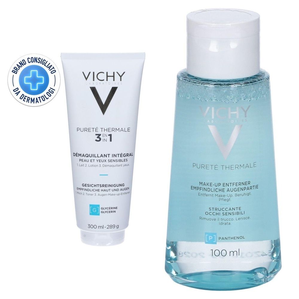 Vichy Purete Thermale Struccante Integrale 3in1 per pelle e occhi sensibili 300 ml + Vichy Pureté Thermale Struccante Occhi Lenitivo 100 ml per occhi sensibili, lenisce e idrata