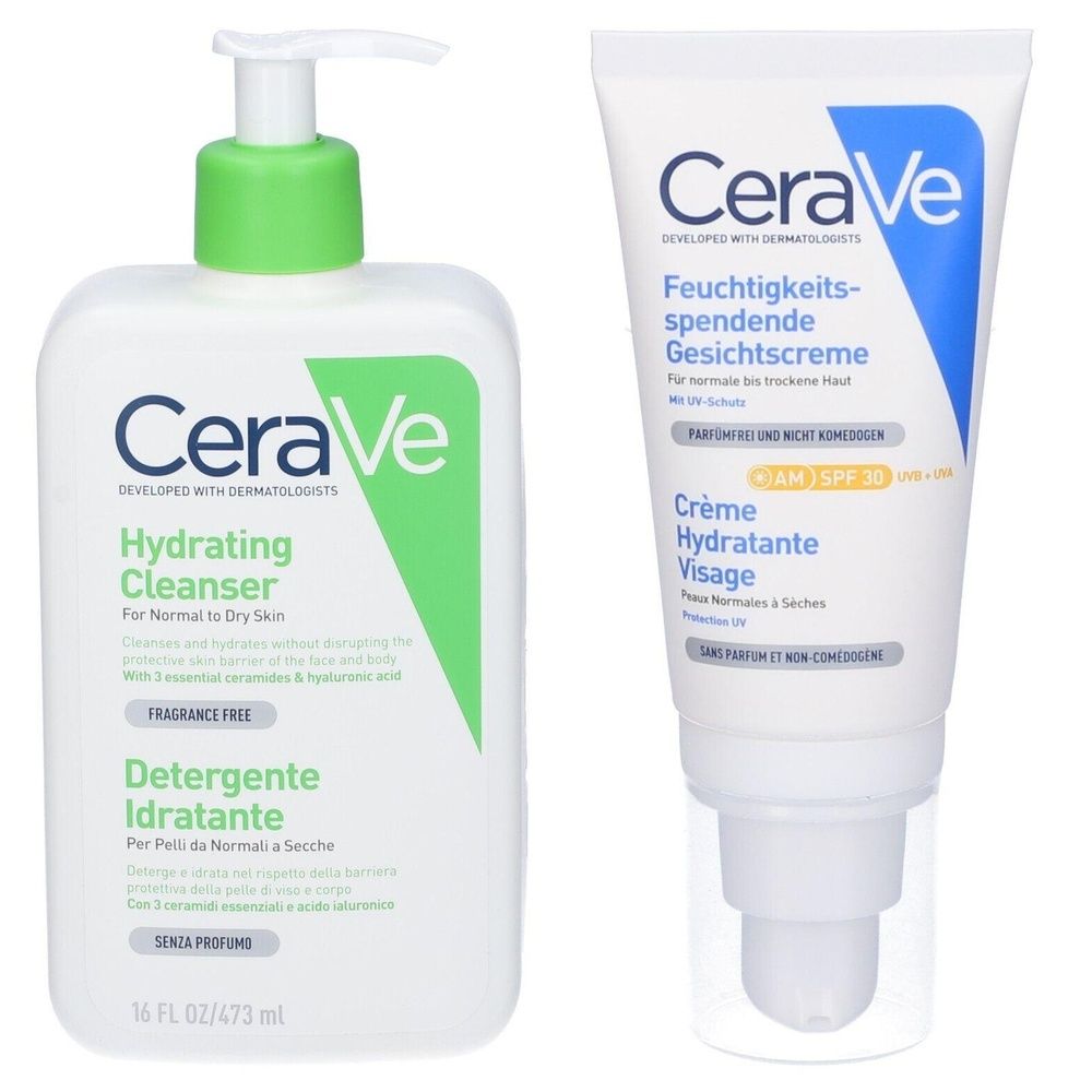 CeraVe Detergente Idratante Viso e Corpo Pelle da Normale a Secca, con acido ialuronico e ceramidi 473 ml + CeraVe Crema Viso Idratante SPF30, Per Pelle da Normale a Secca, Idrata e Protegge in un solo Step, 52 ml