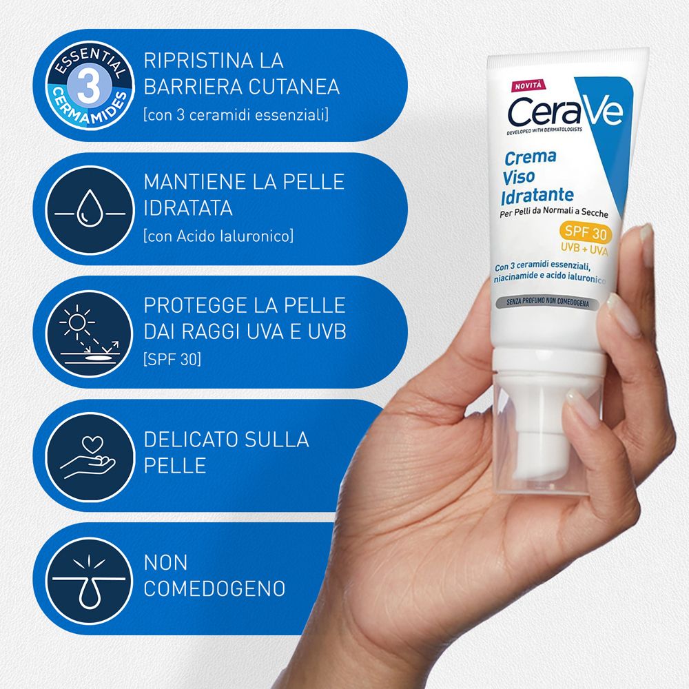 Crema Viso Idratante CeraVe SPF 30. Ripristina la barriera cutanea. Idrata. Protegge dai raggi UV. Non comedogeno.