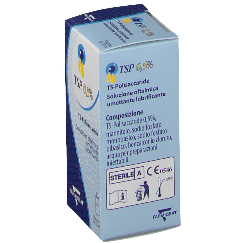 Scatola di collirio TSP 0,5%. Soluzione sterile. 10 ml. CE0546.