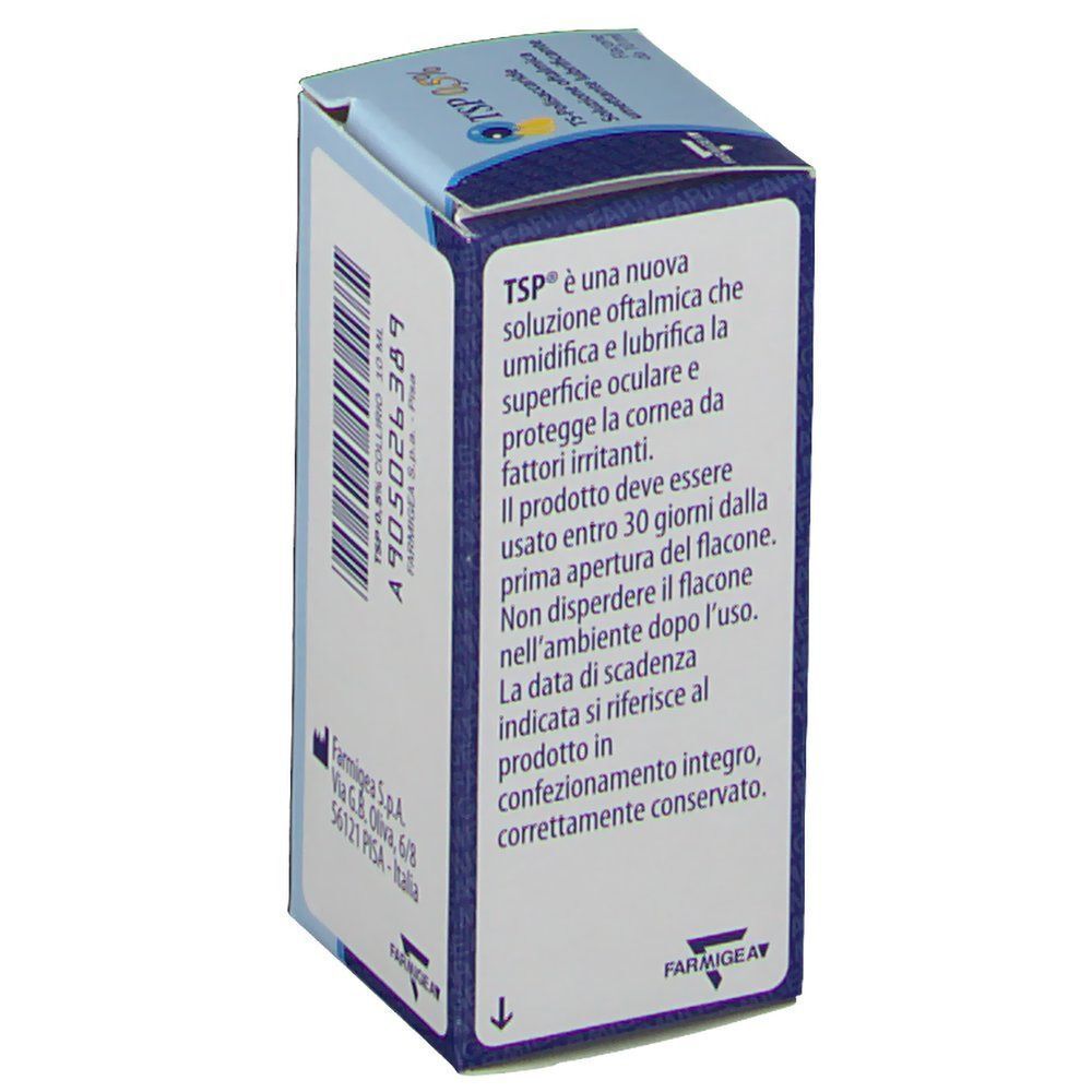 Lato di una scatola di collirio TSP 0,5%. Informazioni sull'uso. Farmigea.