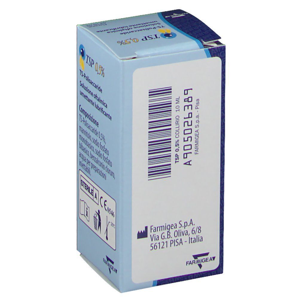 Retro di una scatola di TSP 0,5% TS-Polisaccaride soluzione oftalmica. Produttore: Farmigea S.p.A.