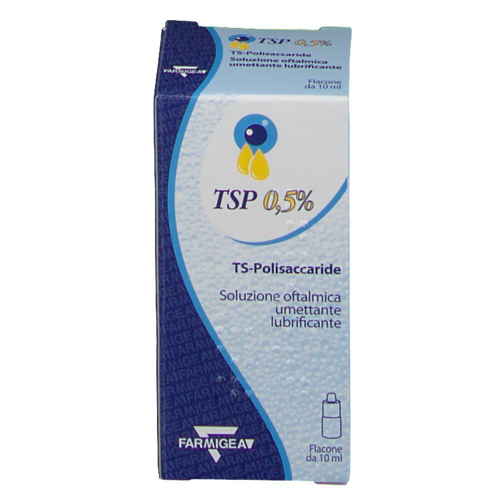 Scatola di TSP 0,5% TS-Polisaccaride soluzione oftalmica con simbolo occhio. 10 ml.
