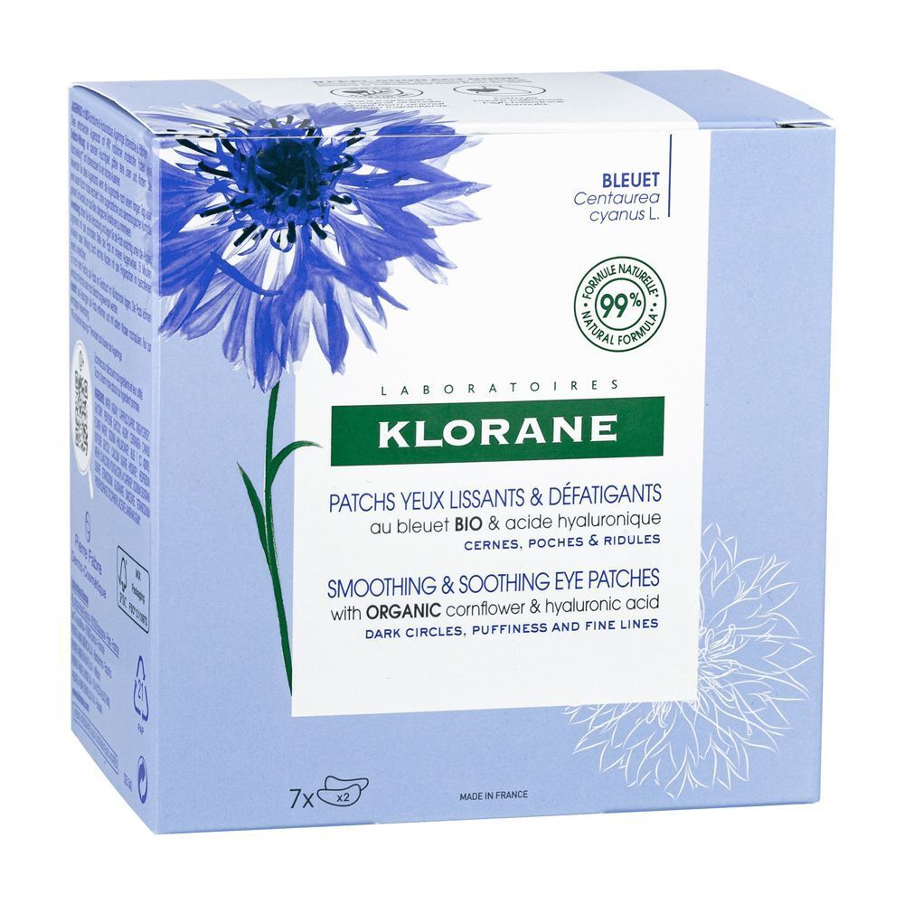 Confezione Klorane per patch leviganti e defaticanti al fiordaliso e acido ialuronico.