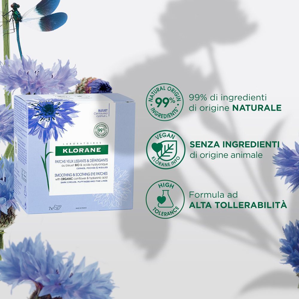 Scatola Klorane con patch occhi e certificazioni: 99% ingredienti naturali, vegan, alta tollerabilità.