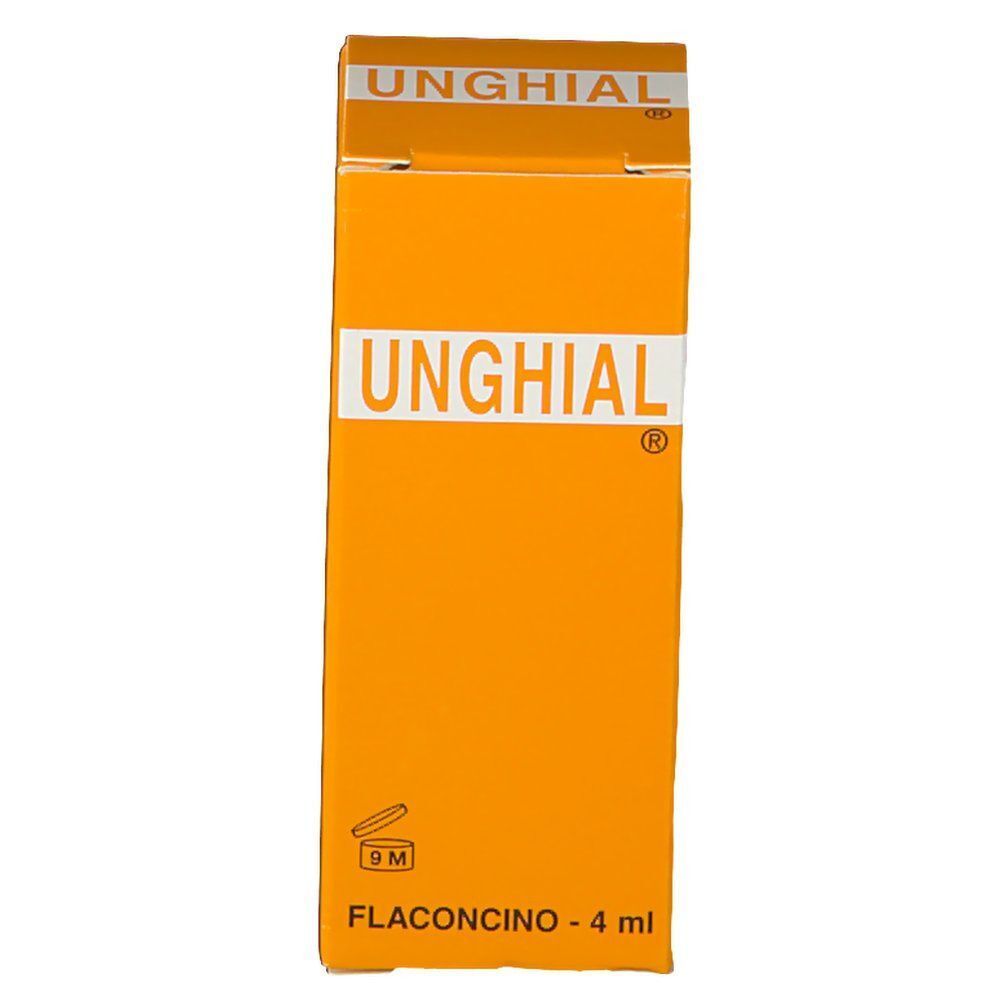 Scatola pieghevole arancione con scritta bianca 'UNGHIAL'. Contiene 4 ml.