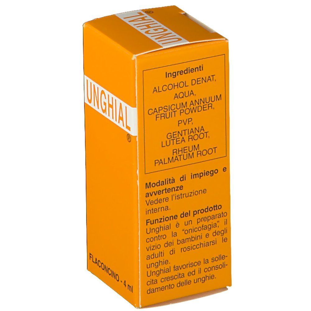 Una scatola arancione con UNGHIAL. Contiene ingredienti e istruzioni per l'uso. 4 ml.