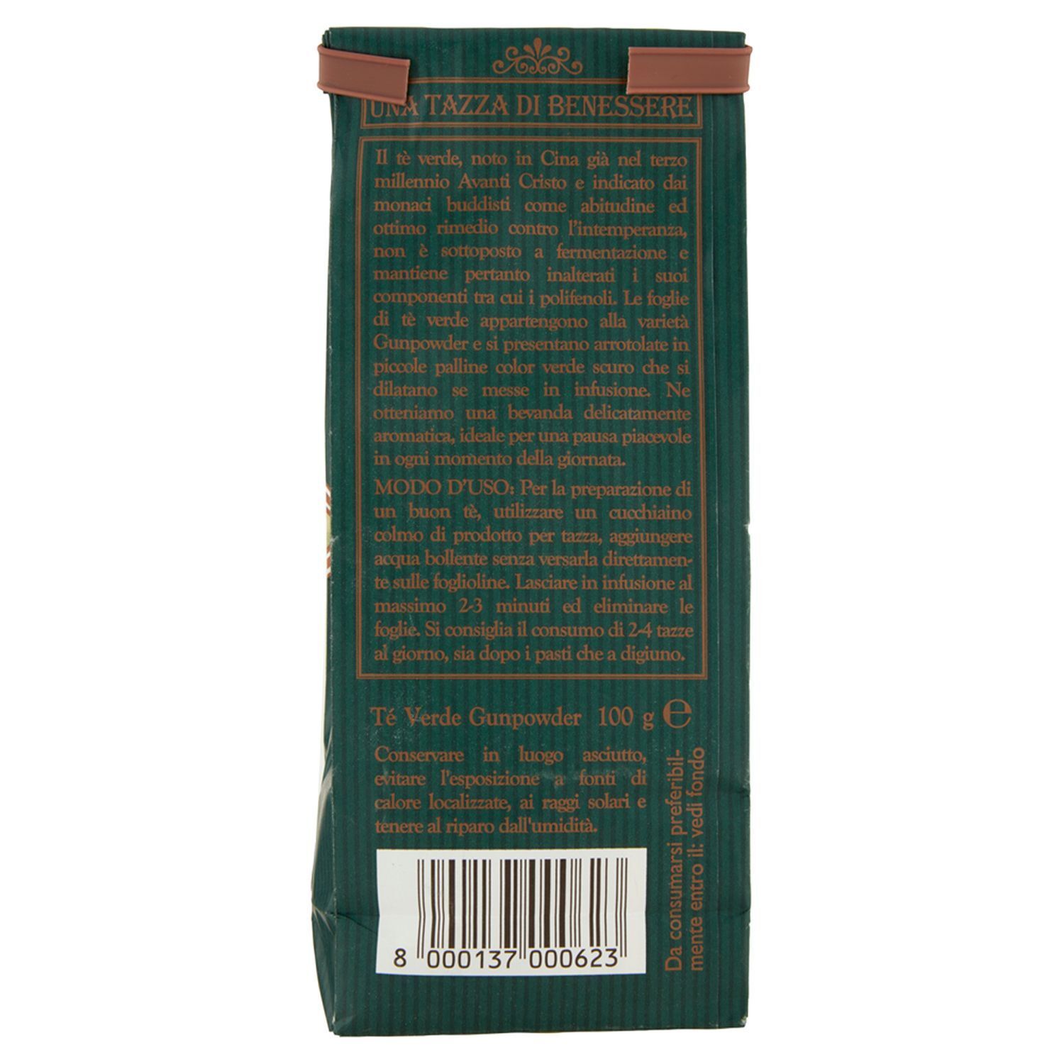 Retro di una confezione di Tè Verde Equilibra®, 100g, con informazioni sul prodotto e codice a barre.