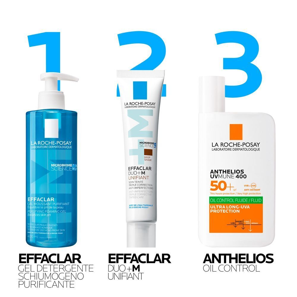 Cura della pelle La Roche-Posay: Gel Effaclar, Effaclar Duo+M Unifiant, Anthelios Oil Control.