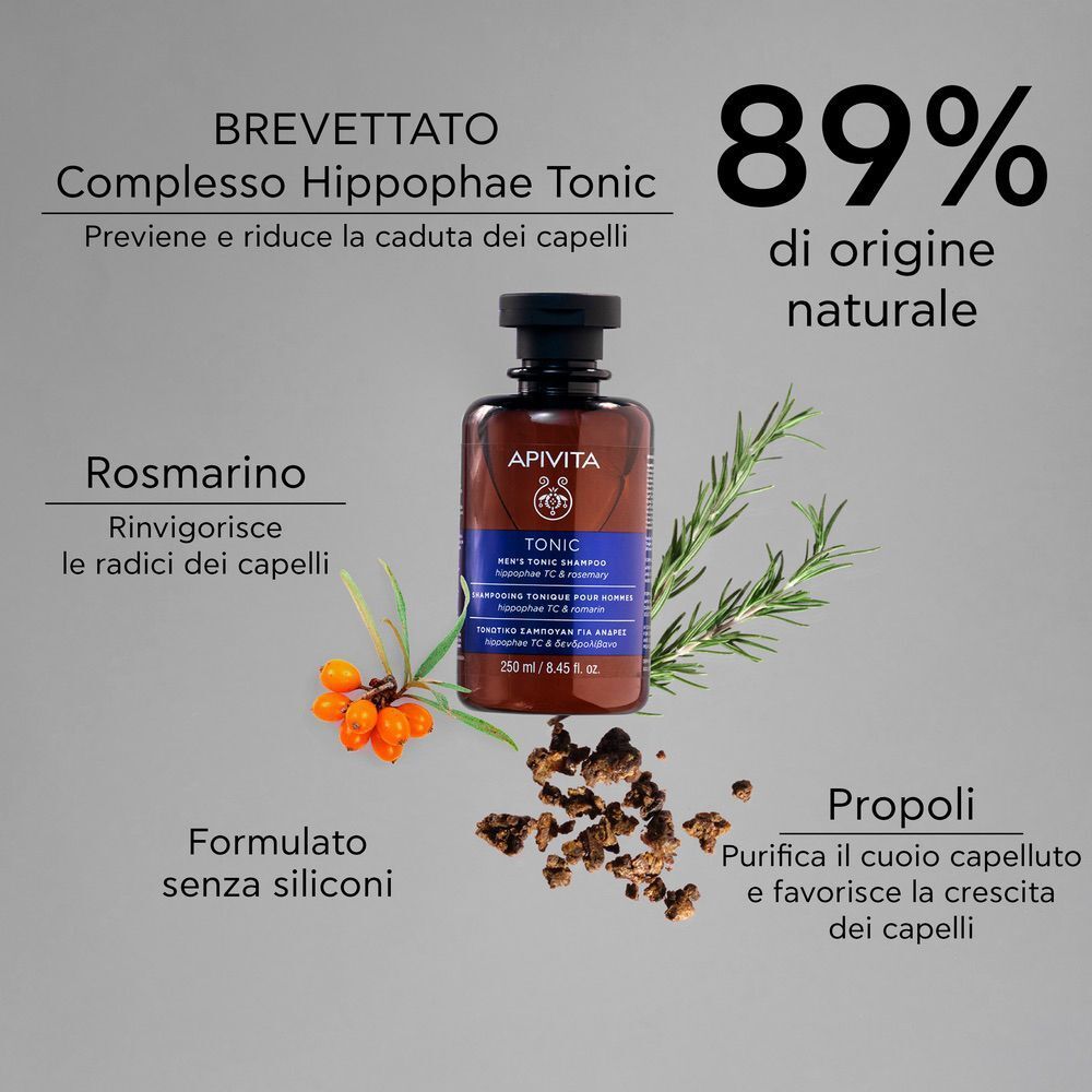 Apivita Tonic Shampoo Uomo, 250 ml, con Complesso Hippophae Tonic, rosmarino e propoli.