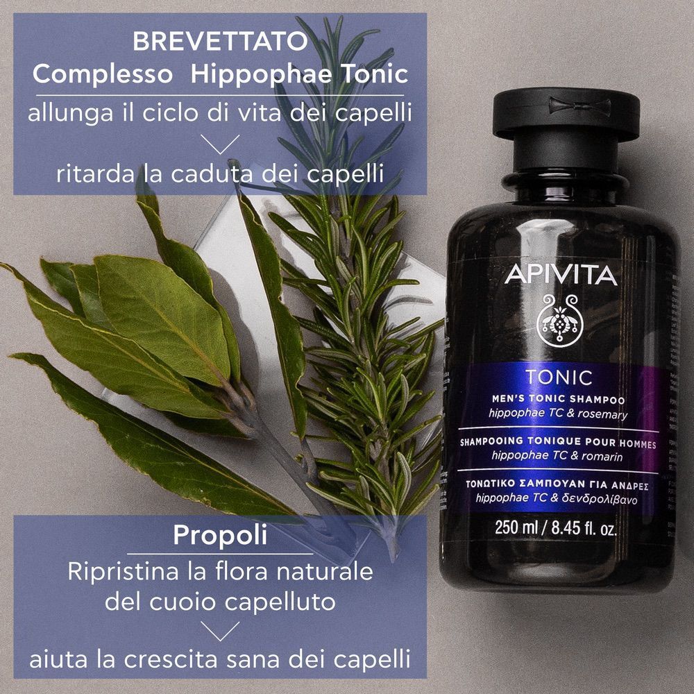 Apivita Tonic Shampoo Uomo, 250 ml, con Complesso Hippophae Tonic e propoli.