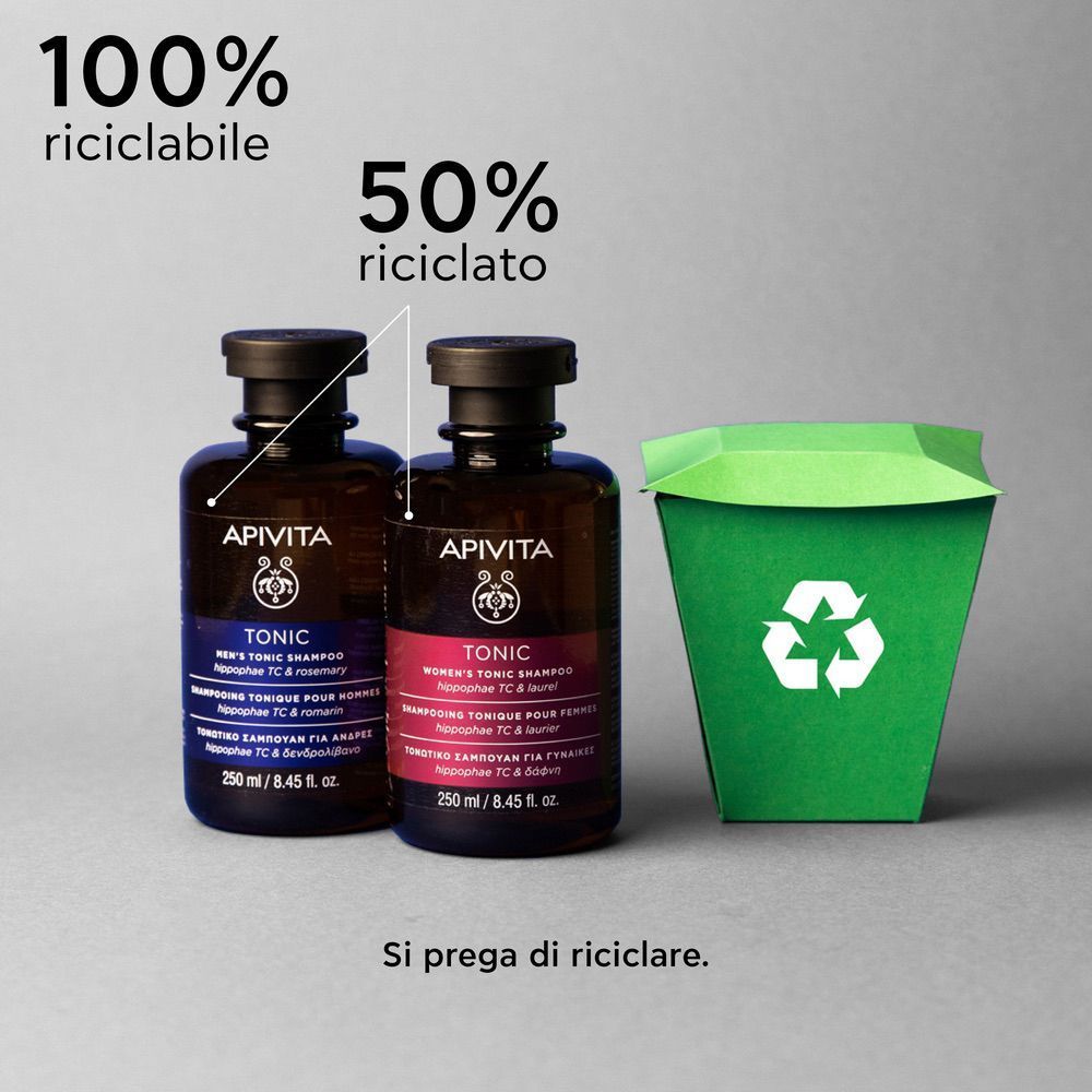 Apivita Tonic Shampoo Uomo, 250 ml, accanto a un contenitore per il riciclo.
