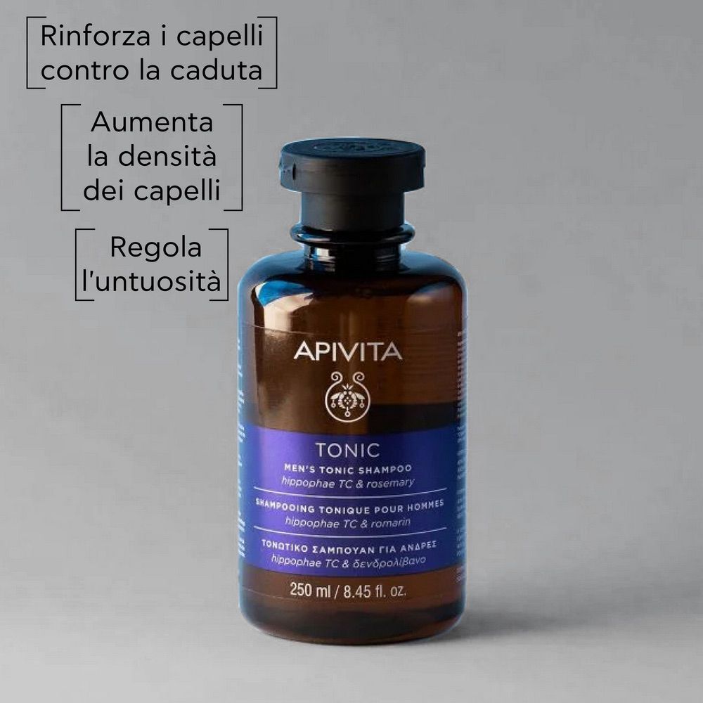 Shampoo tonico uomo APIVITA, 250 ml, con riquadri di testo su densità e caduta dei capelli.