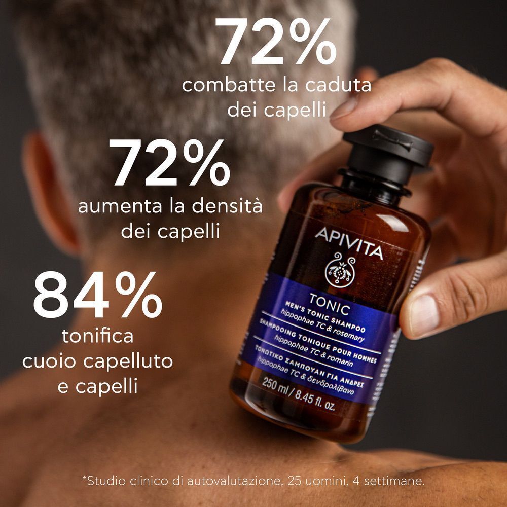 Uomo tiene shampoo tonico APIVITA, 250 ml. Testo sull'efficacia anticaduta e tonificante.
