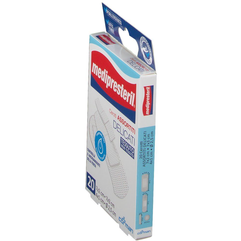 Confezione di cerotti Medipresteril assortiti, 20 pezzi, tessuto non tessuto.