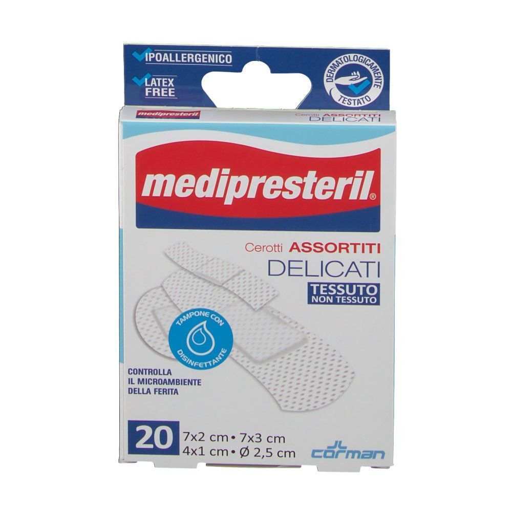 Confezione di cerotti Medipresteril assortiti, 20 pezzi, ipoallergenico, senza lattice.