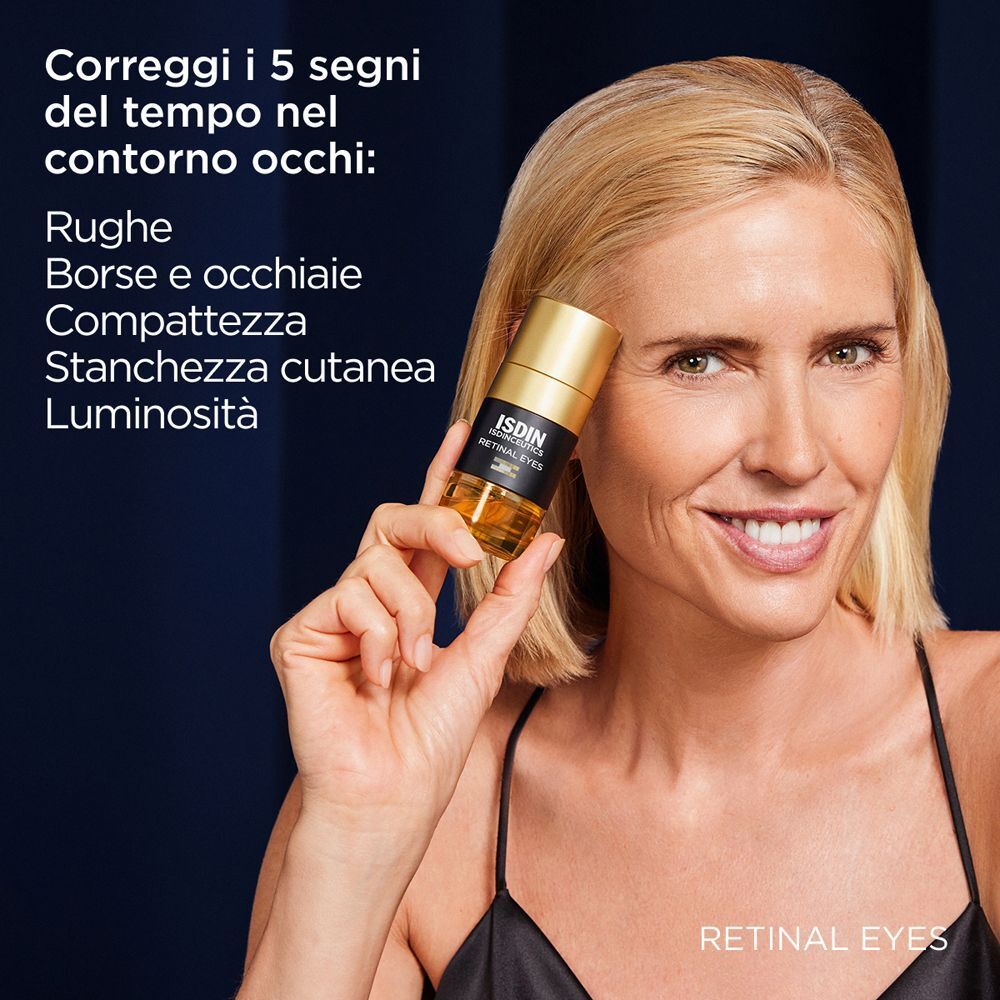 Donna con flacone di siero Isdinceutics Retinal Eyes, testo sulla cura degli occhi.