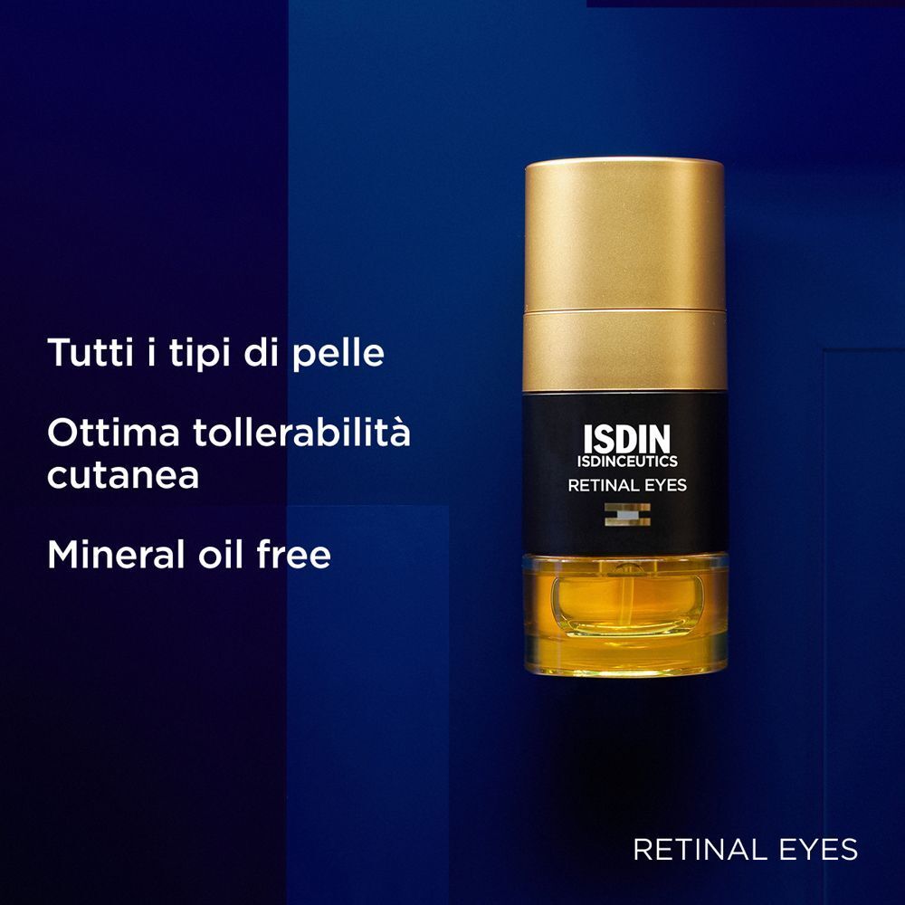 Flacone di siero Isdinceutics Retinal Eyes accanto al testo sulla tollerabilità cutanea.