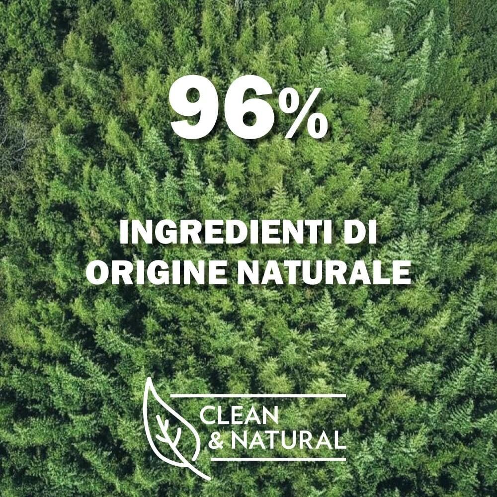 96% ingredienti di origine naturale. Sigillo "Clean & Natural" su sfondo verde.