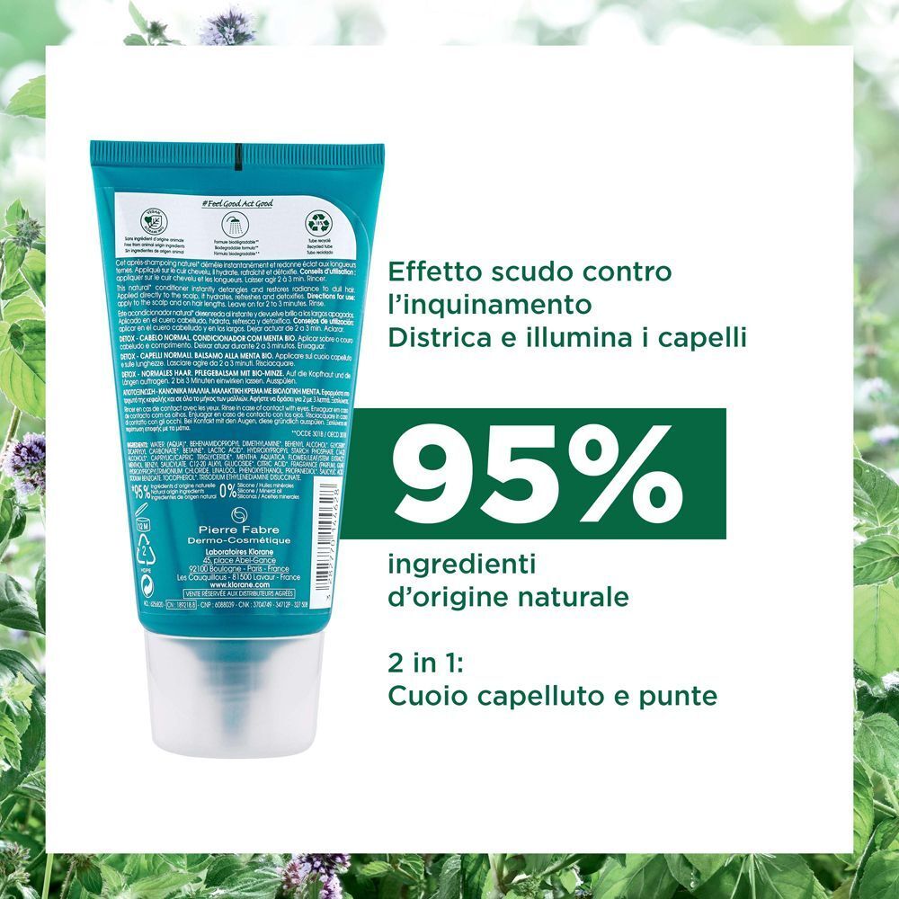 Retro di un tubo di balsamo Klorane con informazioni sul 95% di ingredienti naturali.