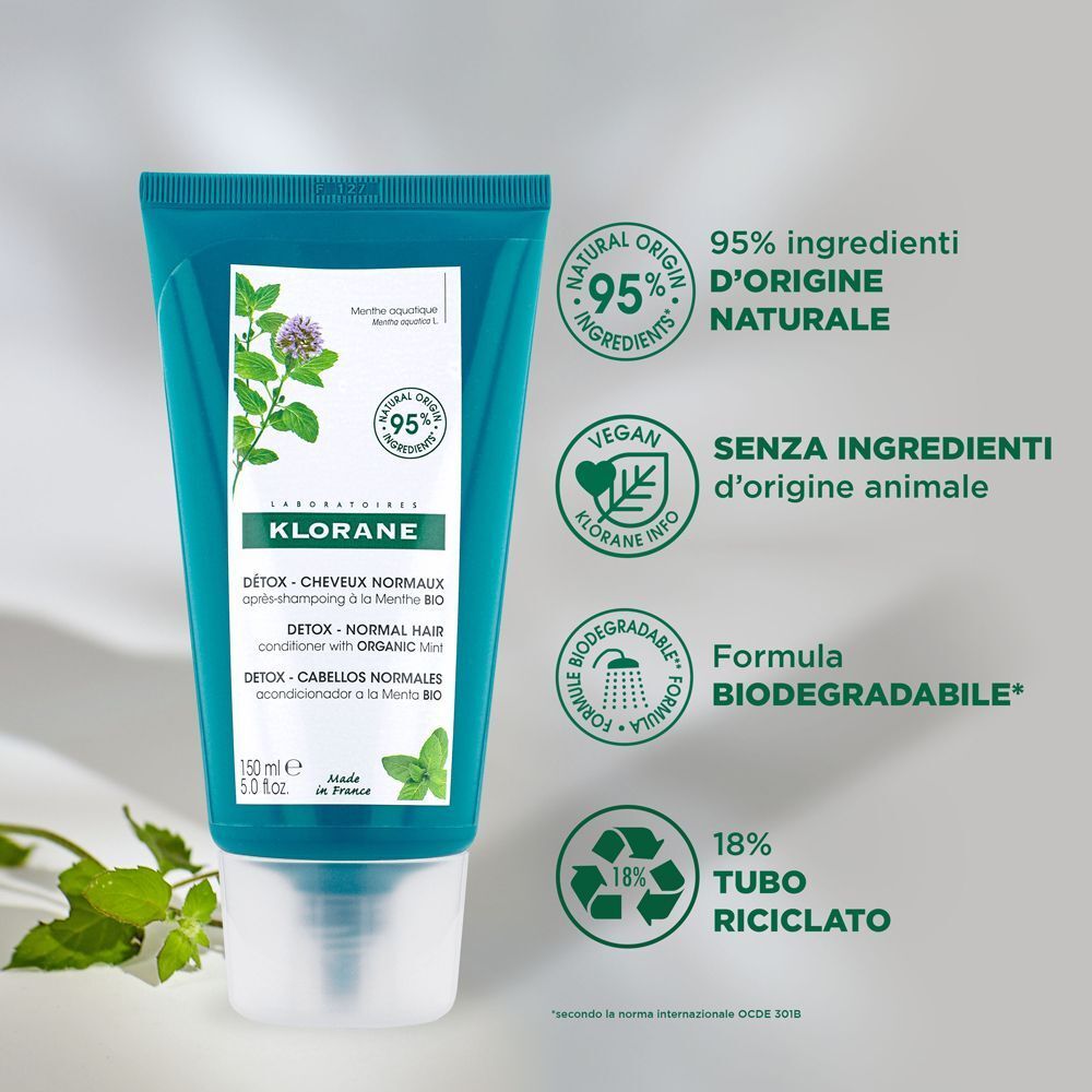 Tubo Klorane Balsamo alla Menta con sigilli di origine naturale e ingredienti bio.