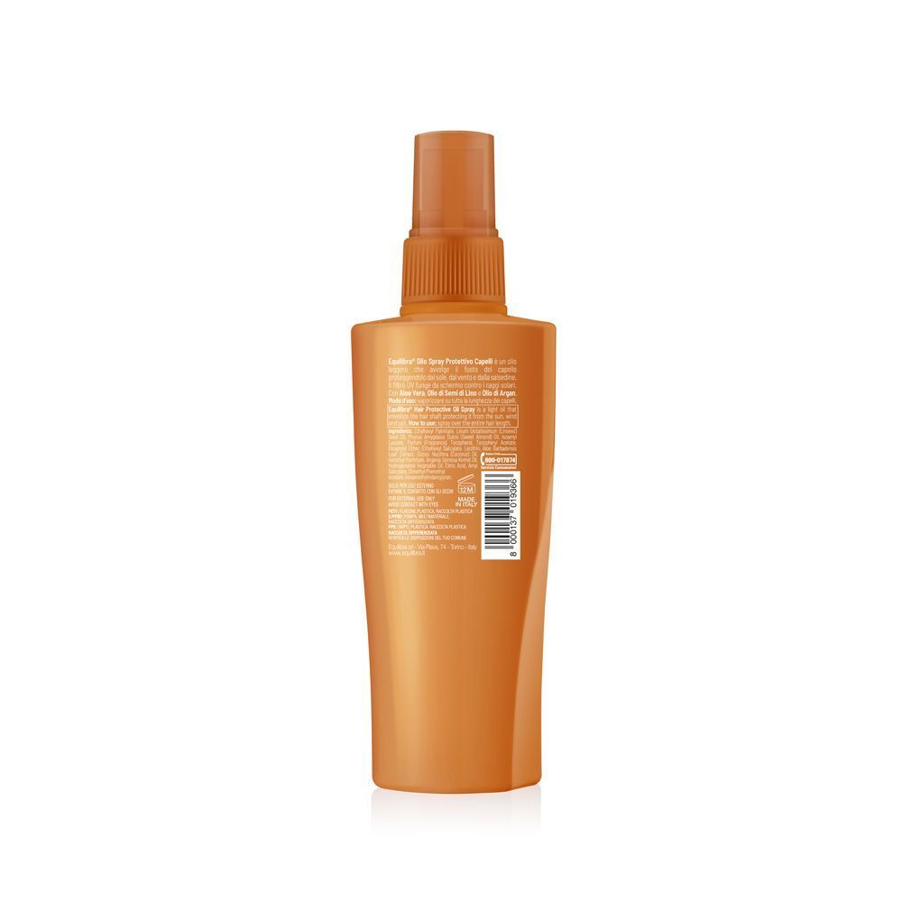 Retro di un flacone spray protettivo per capelli Equilibra con ingredienti e istruzioni.