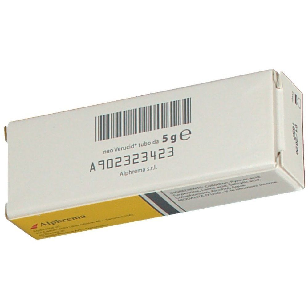 Confezione di neo Verucid Gel 5g, retro con codice a barre e ingredienti.