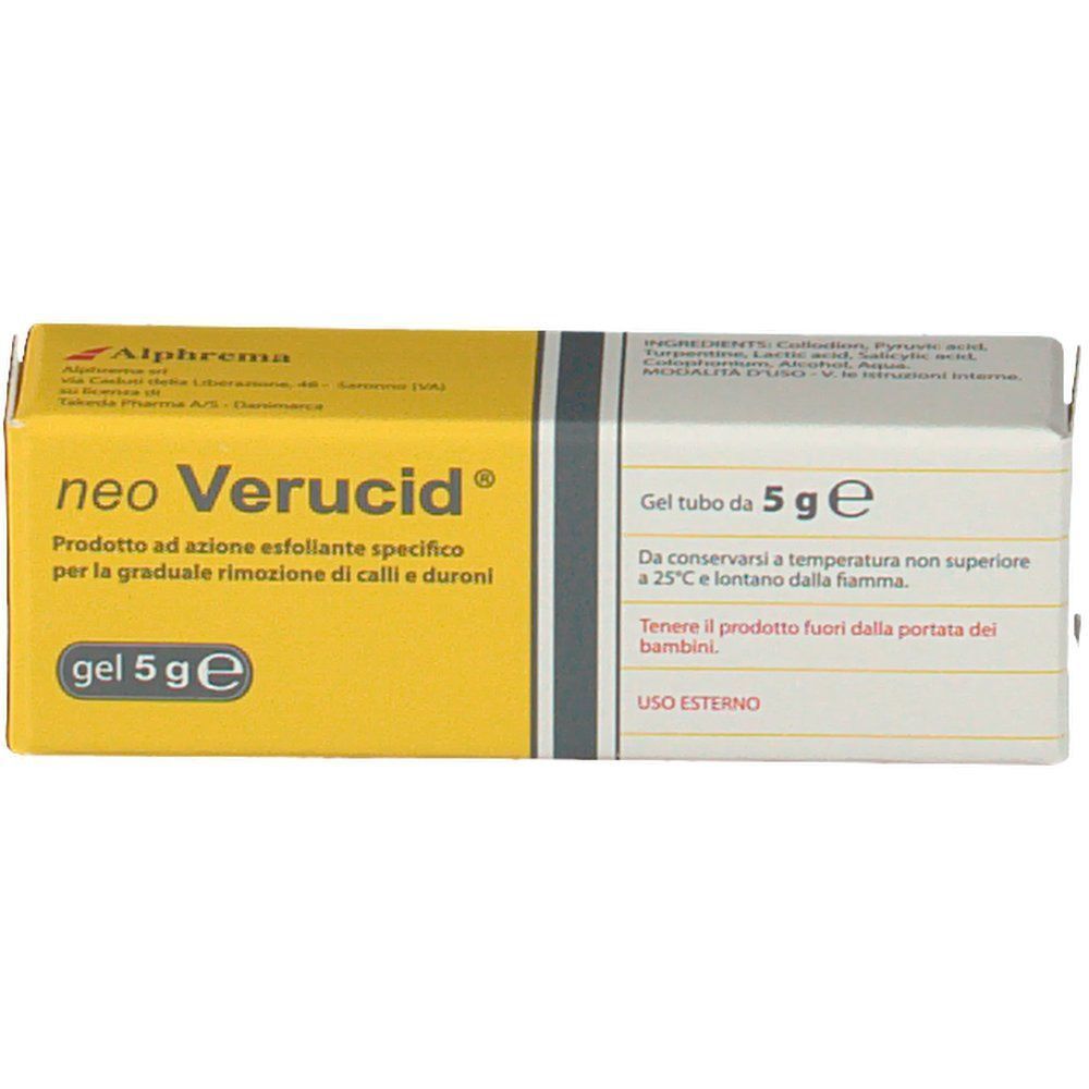 Confezione di neo Verucid Gel 5g, fronte con informazioni sul prodotto.