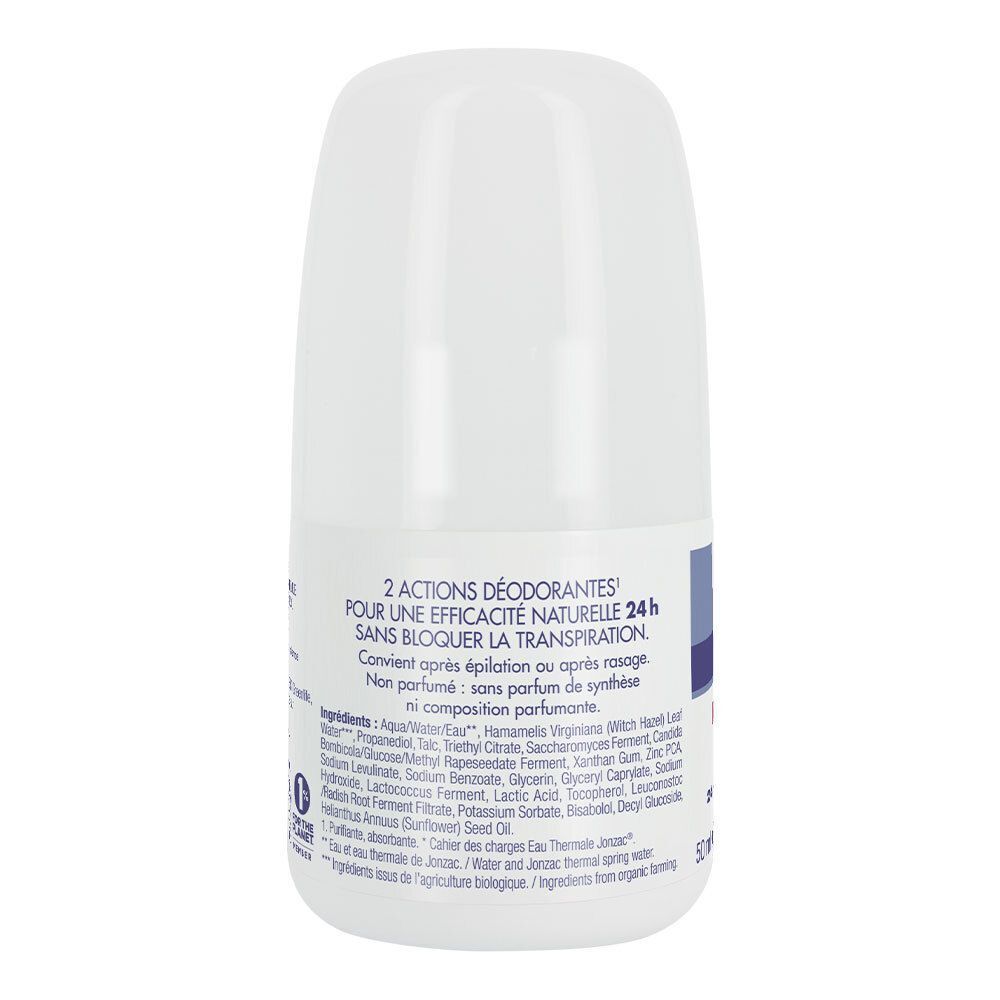 Retro di un roll-on deodorante Eau Thermale Jonzac, 50ml, con lista ingredienti e istruzioni.