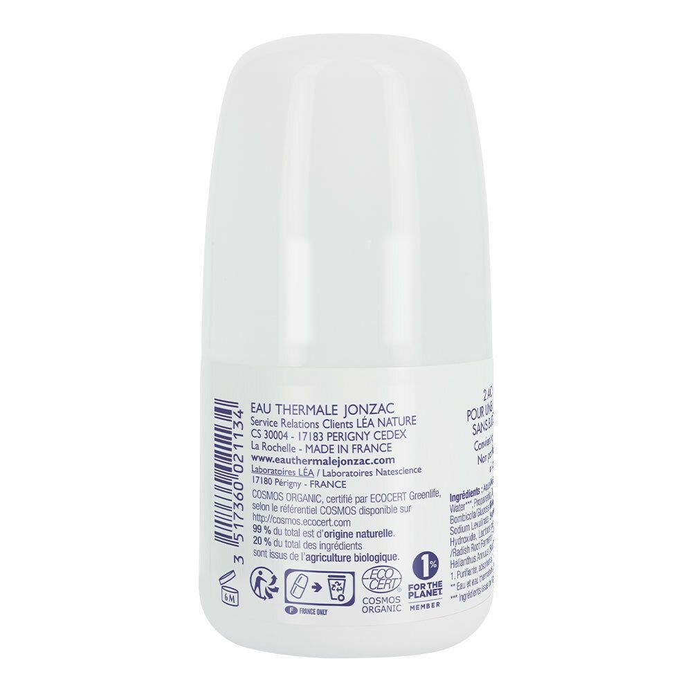 Retro di un roll-on deodorante Eau Thermale Jonzac, 50ml, con codice a barre e certificazioni ecologiche.