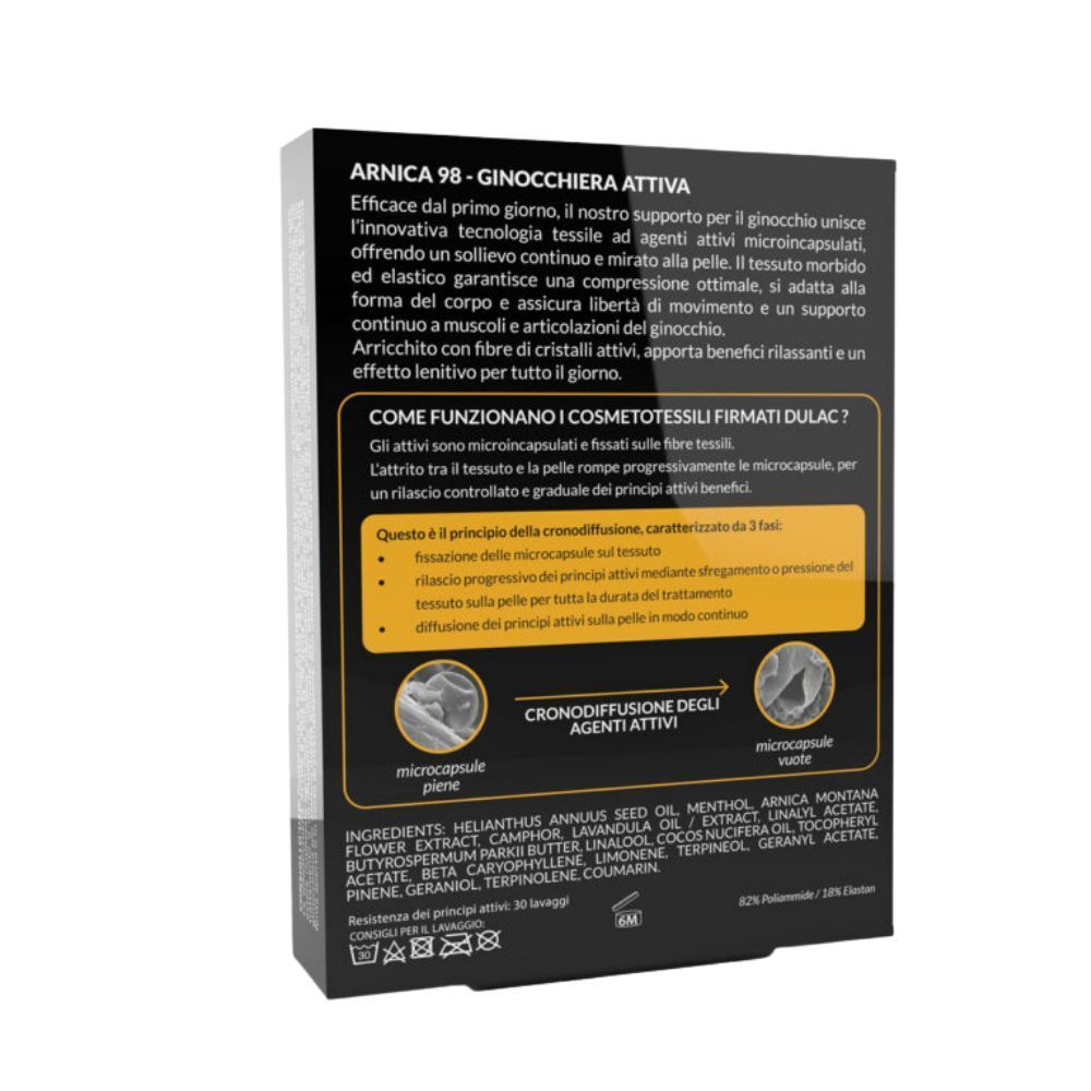 Retro di una confezione di ginocchiera attiva DuLac Arnica Active 98% con informazioni sul prodotto.