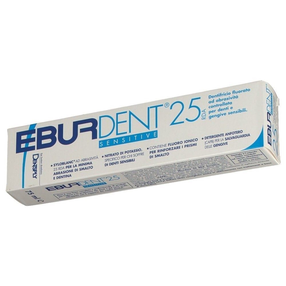 Confezione dentifricio Eburdent 25 Sensitive con dettagli sulle caratteristiche del prodotto e logo.